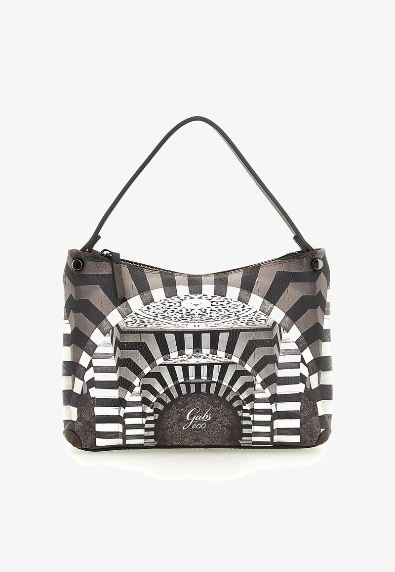 Borsa con un design ad arco a righe bianche e nere che ricorda i modelli architettonici e con "Gabs 600" stampato sul davanti.