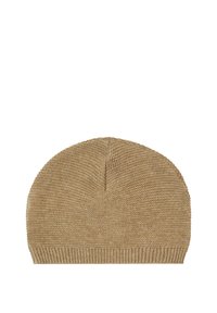 Stickad mössa i ljusbrun färg, rundad topp, texturerad tyg, ribbad muddel, sömlös design, lämplig för avslappnad användning.