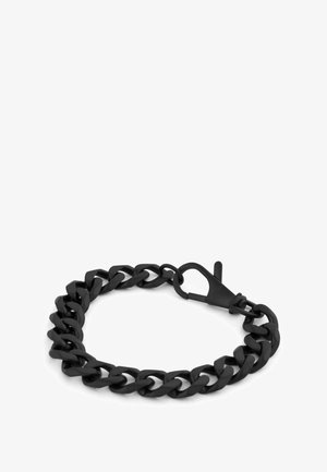 Fekete lánc karkötő vastag fém láncszemekből. Masszív kapoccsal rendelkezik, modern dizájnnal. Matt felület és sima textúra.