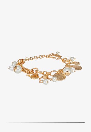 Bracelet en ton doré ornée de perles rondes, d'accents en cristal et de disques texturés. Des chaînes liées forment un design superposé.