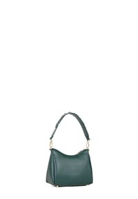 Borsa a tracolla verde in pelle con forma curva, manico corto con dettagli decorativi e hardware in tono oro. Texture liscia con finitura solida.