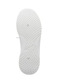 Sole di sneaker bianca con pattern a tassello testurizzato, caratterizzata da scanalature e accenti circolari per aderenza e flessibilità.