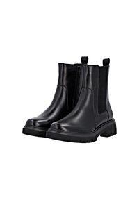 Black leather ankle boots with elastic side panels, zip closure, and textured rubber soles. Features a rounded toe and pull tabs.