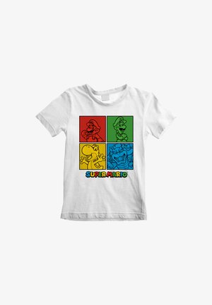 Weißes Baumwoll-T-Shirt mit einem bunten Grafikdesign vier Charaktere in roten, grünen, gelben und blauen Quadraten, mit dem Text "SUPER MARIO" am unteren Rand.