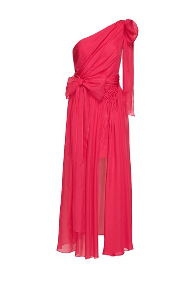 One-shoulder, flowing dress in bright pink chiffon with a tied waist and lace panel. Features a long, draped sleeve and layered silhouette.