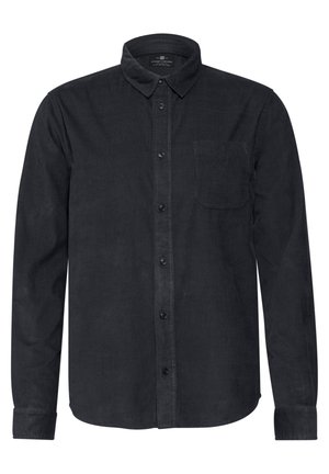 Camicia nera a maniche lunghe con bottoni sul davanti, colletto e una tasca singola sul petto sul lato sinistro.