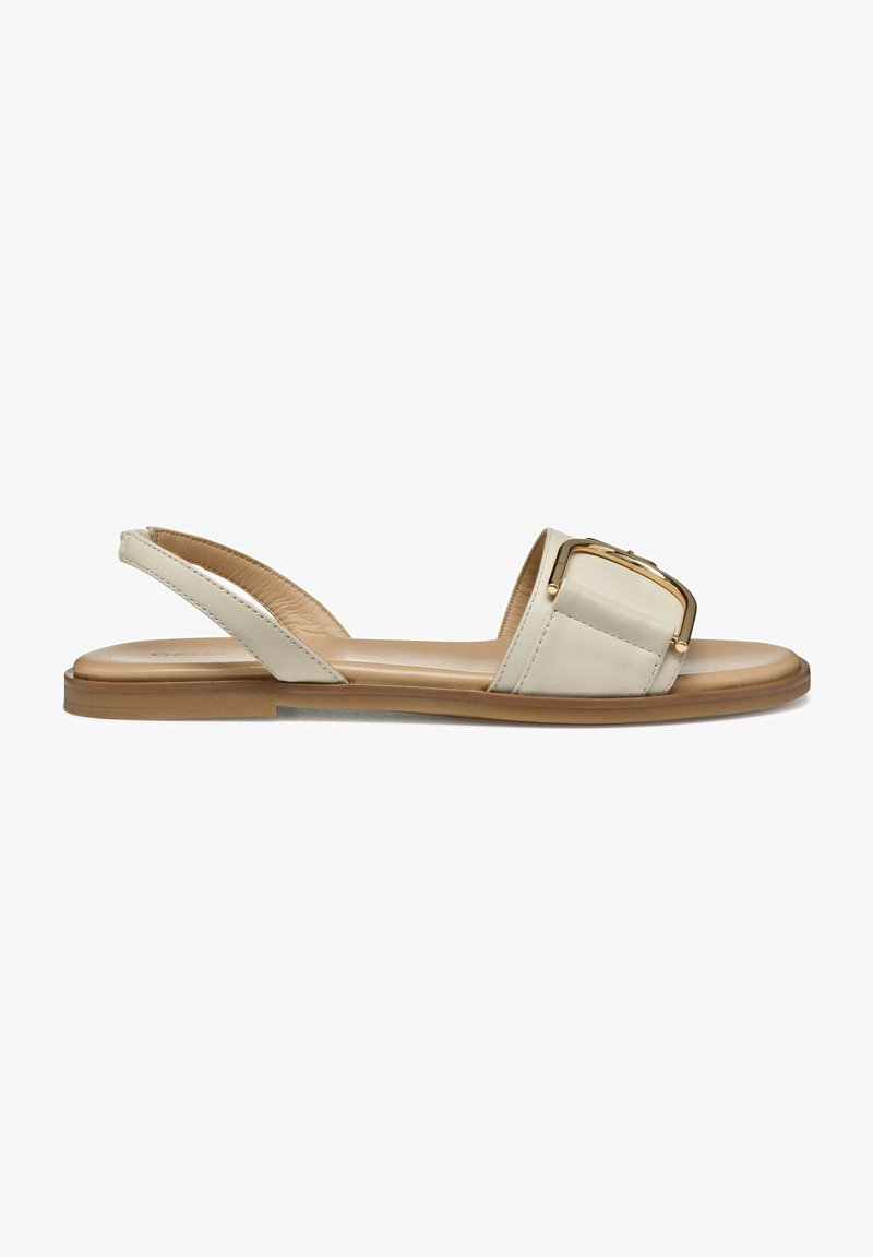 Sandale plate beige avec une bride arrière et une large lanière avant ornée d'une grande boucle dorée, sur une semelle couleur cuir clair.
