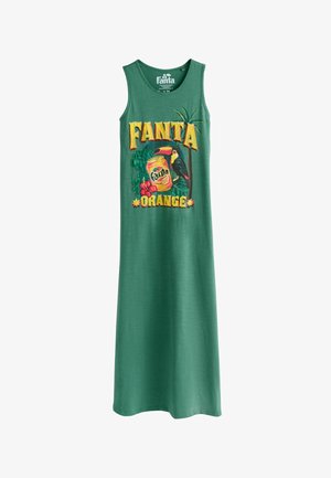 Zelené maxi šaty bez rukávov s farebným logom Fanta Orange, tukánom, tropickými listami, palmou a ružovým ibiškom.