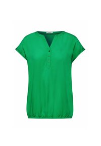 Blusa verde con scollo a V, maniche corte e cinque bottoni. Realizzata in tessuto morbido con orlo arricciato in vita per una vestibilità rilassata.