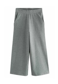 Pantaloni larghi grigi realizzati in tessuto morbido, dotati di una cintura elastica e due tasche laterali. Design semplice senza fantasie o dettagli.