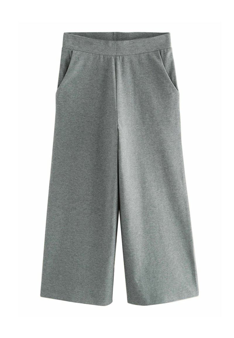 Pantaloni larghi grigi realizzati in tessuto morbido, dotati di una cintura elastica e due tasche laterali. Design semplice senza fantasie o dettagli.