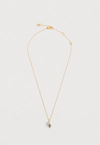 Zelta ķēdīte ar ziedu kulonu, kuram ir gaiši violetas ziedlapiņas un zaļas nianses, aprīkota ar omāra aizdari un regulējama garuma.