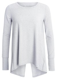 Hellgraues Longsleeve-Oberteil mit runder Ausschnittform, lockerer Passform und asymmetrischem Saum. Weicher Stoff mit seitlichen Schlitzen.