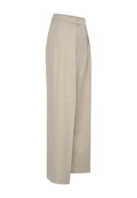 Beige skrædderbukser, bred ben design, lavet af glat stof, med forkert læg og en mellemhøj talje.