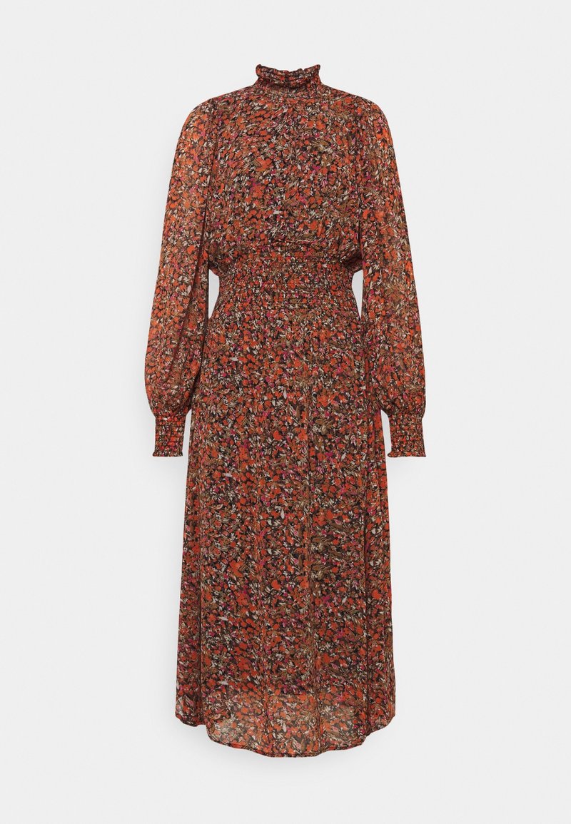 Robe mi-longue à imprimé floral dans des tons orange, rouge et vert. Elle présente un col montant, des manches longues et une taille smockée, confectionnée dans un tissu léger.