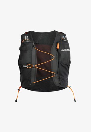 Black mesh running vest with orange accents. Features adjustable straps, multiple pockets for storage, and reflective detail for visibility.
