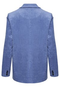 Blazer in velluto a coste blu con righe verticali, dalla forma sartoriale, revers a scollo a V e dettagli in bottone nero sulle maniche. Vista dal retro.