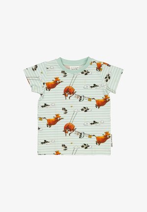 Kortærmet bomulds T-shirt i mintgrøn med et legesyg kvægtryk, der har vandrette striber og en rund halsudskæring.