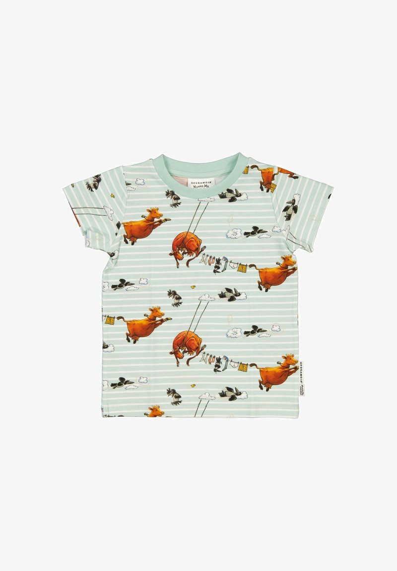 Lyhythihainen puuvillapaita mintunvihreänä leikkisällä lehmätulostuksella, jossa on va Horizontal raidat ja pyöreä pääntie.