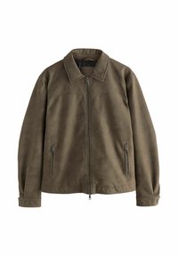 Brown faux leather jacket with a collared neckline, front zip closure, and two zippered side pockets. Smooth texture, casual design.
