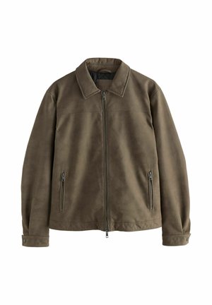 Brown faux leather jacket with a collared neckline, front zip closure, and two zippered side pockets. Smooth texture, casual design.