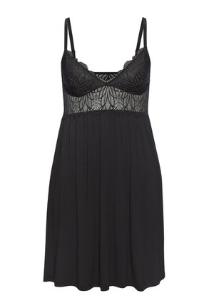 Black slip dress with lace detailing at the bodice, adjustable spaghetti straps, and a loose-fitting skirt that falls just above the knee.
