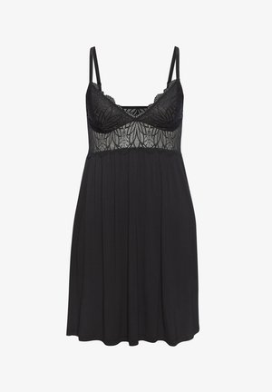 Black slip dress with lace detailing at the bodice, adjustable spaghetti straps, and a loose-fitting skirt that falls just above the knee.