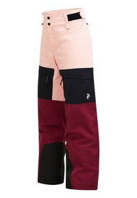 Skihosen mit einem pinken oberen Abschnitt, einem kastanienbraunen unteren Abschnitt und schwarzen Akzenten, sowie Reißverschlüssen und einem Logo am rechten Bein.