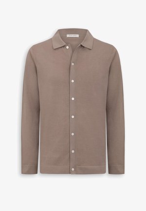 Langärmliges taupefarbenes Hemd mit Knöpfen, Kragen, sieben weißen Knöpfen vorne und geradem Saum.