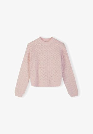 Pull en tricot rose clair à manches longues avec motif en dentelle géométrique, col rond côtelé, poignets et ourlet festonné.