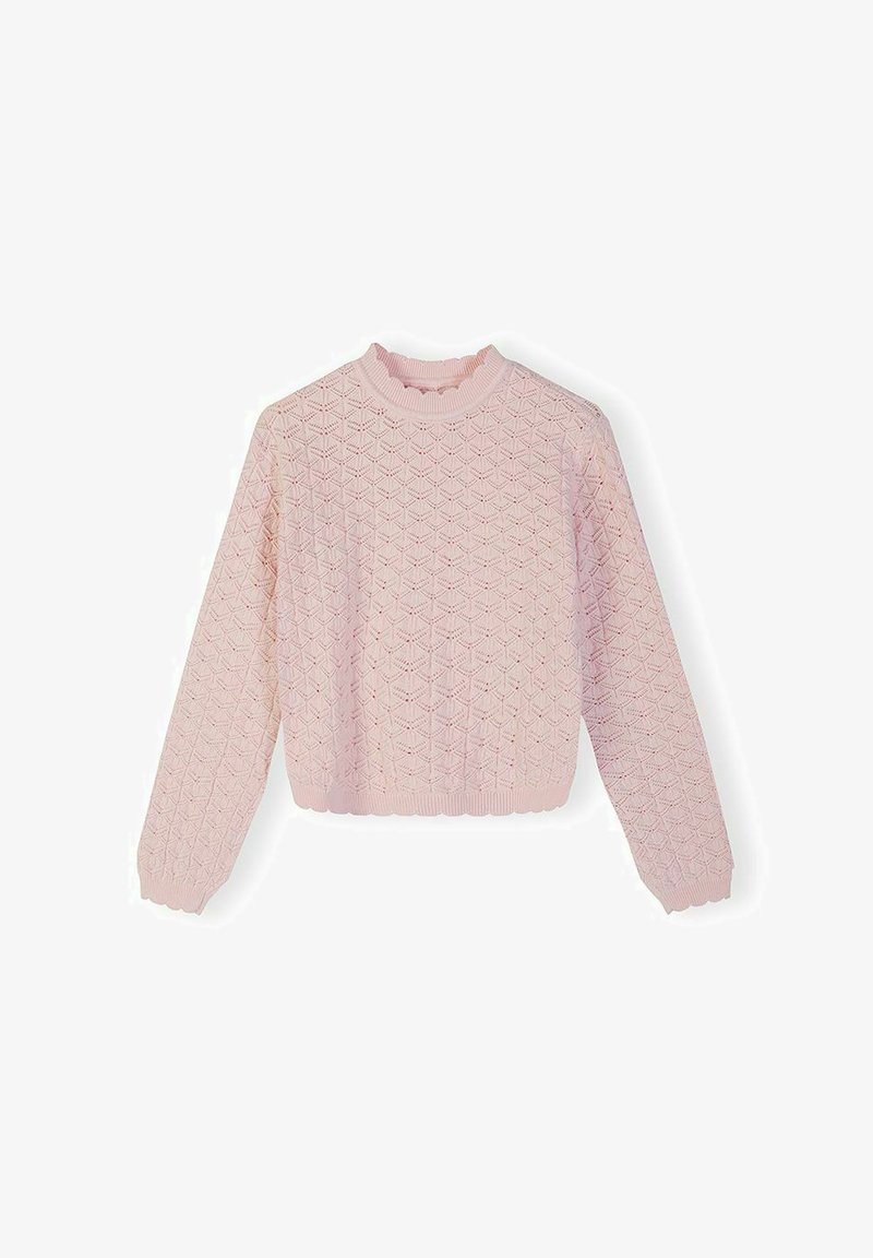 Pull en tricot rose clair à manches longues avec motif en dentelle géométrique, col rond côtelé, poignets et ourlet festonné.