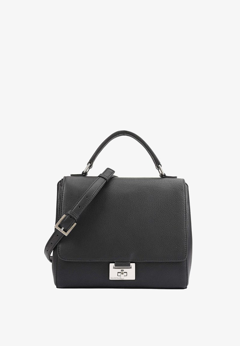 Zwarte leren handtas met een gestructureerd ontwerp, voorzien van een bovenhandvat, een verstelbare schouderriem en accenten van zilverkleurig beslag.