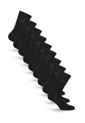 Zehn Paare schwarze Socken bis zur Mitte der Wade mit einem kleinen roten, weißen und grauen Logo an der Seite, in versetzter Reihe angeordnet.