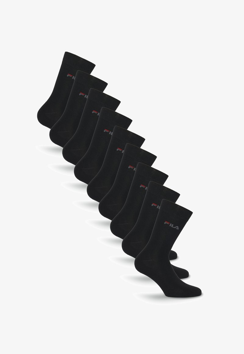 Dix paires de chaussettes noires mi-mollet avec un petit logo rouge, blanc et gris sur le côté, disposées en rangée décalée.
