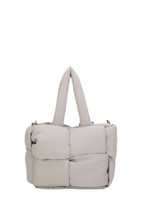 Bolso acolchado suave de color gris claro con grandes secciones acolchadas rectangulares y dos asas superiores resistentes.