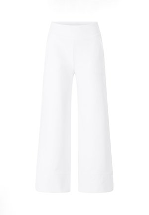 Pantaloni bianchi a gamba larga con vita alta e dettagli di orlo cucito, mostrati su uno sfondo bianco uniforme.