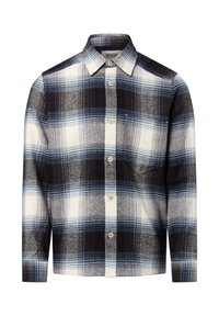 Geruite overhem shirt met een zwart, blauw en wit kleurenschema, met een gestructureerde kraag en knoopsluiting, gemaakt van zachte stof.