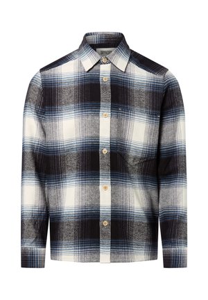 Karierter Button-Down-Hemd in Schwarz, Blau und Weiß, mit einem strukturierten Kragen und Knopfverschluss, aus weichem Stoff.