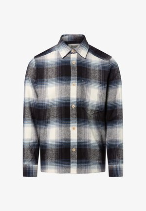 Karierter Button-Down-Hemd in Schwarz, Blau und Weiß, mit einem strukturierten Kragen und Knopfverschluss, aus weichem Stoff.