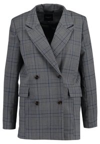 Kaksirivinen bleiseri harmaassa ruutukuviossa, jossa sinisiä vivahteita, lovettujen kaulusten, napitus- ja kahden etutaskun kanssa.