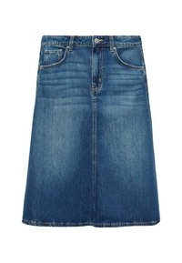 Jeanskjol i medelblått med en mjuk yta, fem fickor och knappstängning, med en fåll som slutar ovanför knäna.