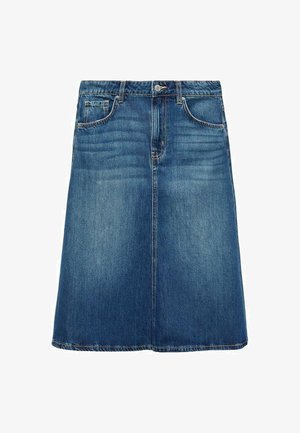Denim A-line skirt in medium blue with a smooth texture, five pockets, and a button closure, featuring a hem that falls above the knee.