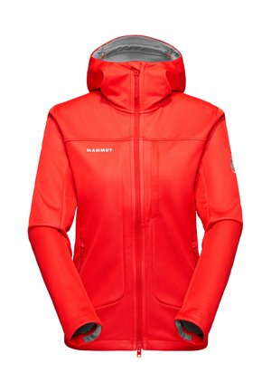 Veste imperméable rouge vif à capuche avec fermeture éclair intégrale sur le devant, logo Marmot sur la poitrine et poches latérales.