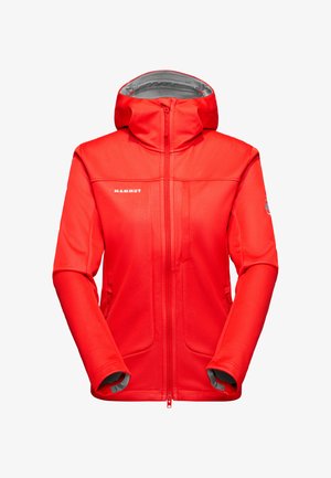 Giacca impermeabile con cappuccio di colore rosso brillante con zip frontale completa, logo Marmot sul petto e tasche laterali.