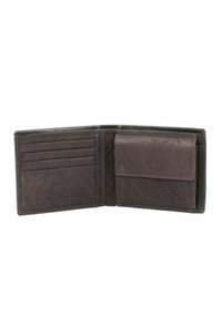 Brown leather wallet featuring multiple card slots, a main compartment, and a textured finish. Compact design, open view.