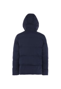 Marineblauwe pufferjas met een capuchon, voorzien van een doorgestikt ontwerp en een gladde textuur, dikke isolatie en geen zichtbare sluitingen.