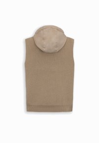 Beige gestrickte ärmellose Weste mit einer Kapuze aus weichem Stoff in einem etwas helleren Ton, von hinten vor weißem Hintergrund gezeigt.