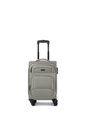 Light gray soft-sided carry-on suitcase with four wheels, telescoping handle, front zippered pockets, and a top carry handle.