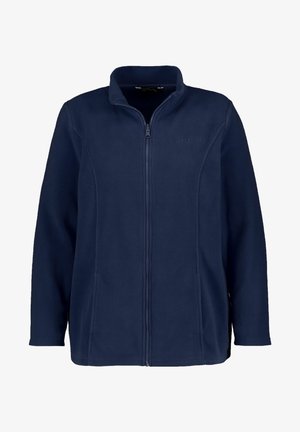 Giacca in fleece blu navy con zip frontale completa, colletto rialzato e maniche lunghe. Presenta una texture liscia e un sottile dettaglio del logo.