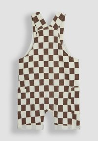 Peto a cuadros marrón y crema con tirantes, bolsillos frontales y dobladillo enrollado. Hecho de una tela suave, con un ajuste relajado.